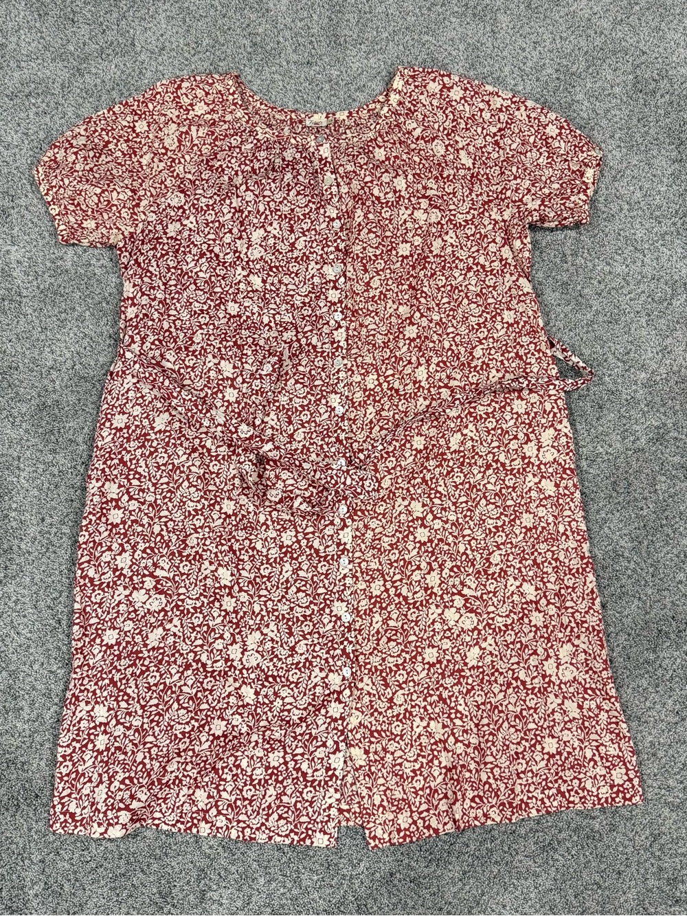Faherty Carmel Red Cream Floral Belted Shirt Midi Dress Organic Cotton Size L - Picture 6 of 16